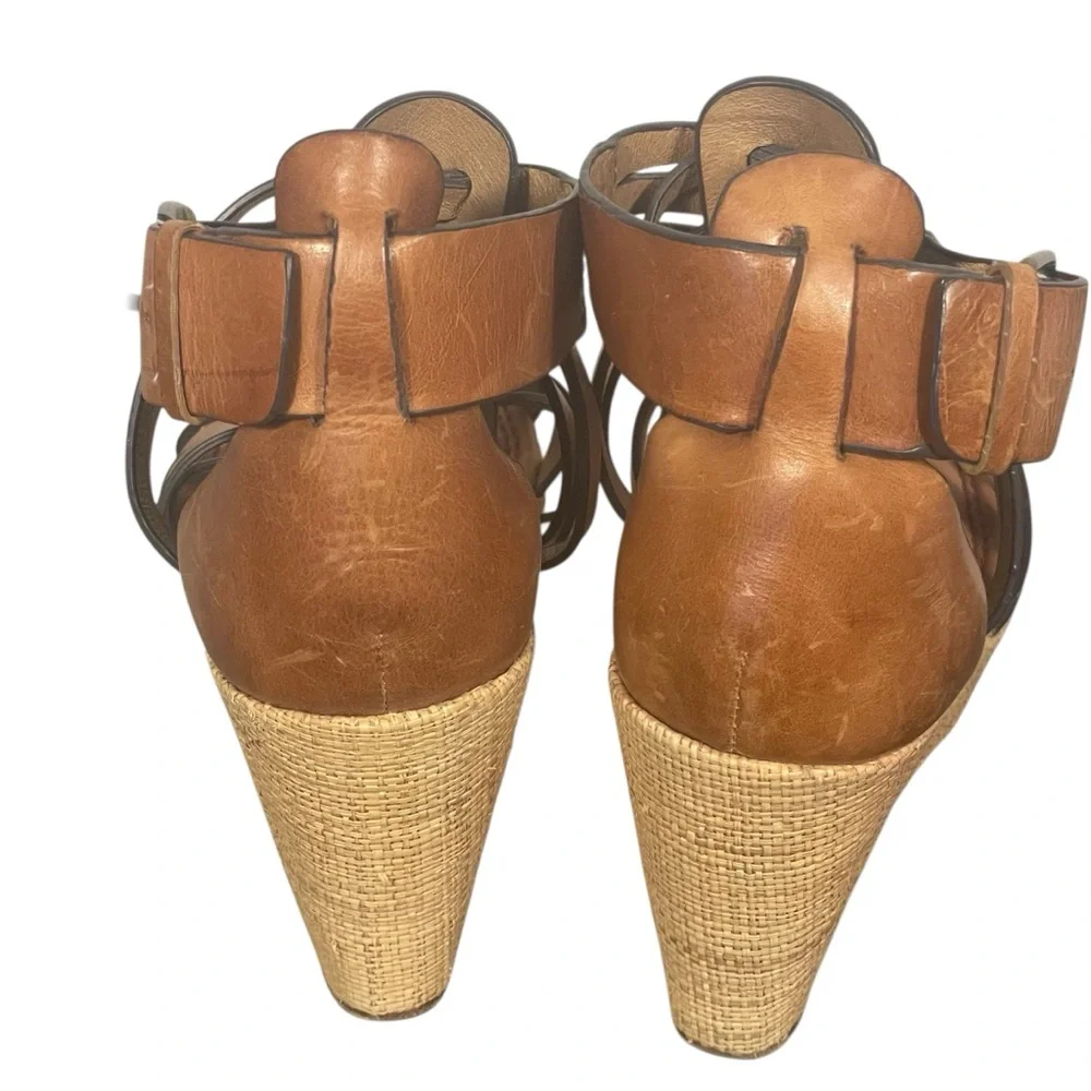 Trask Brown Leather Strappy Jute Wedge Platform Buckle Sandals Heels Sz 9